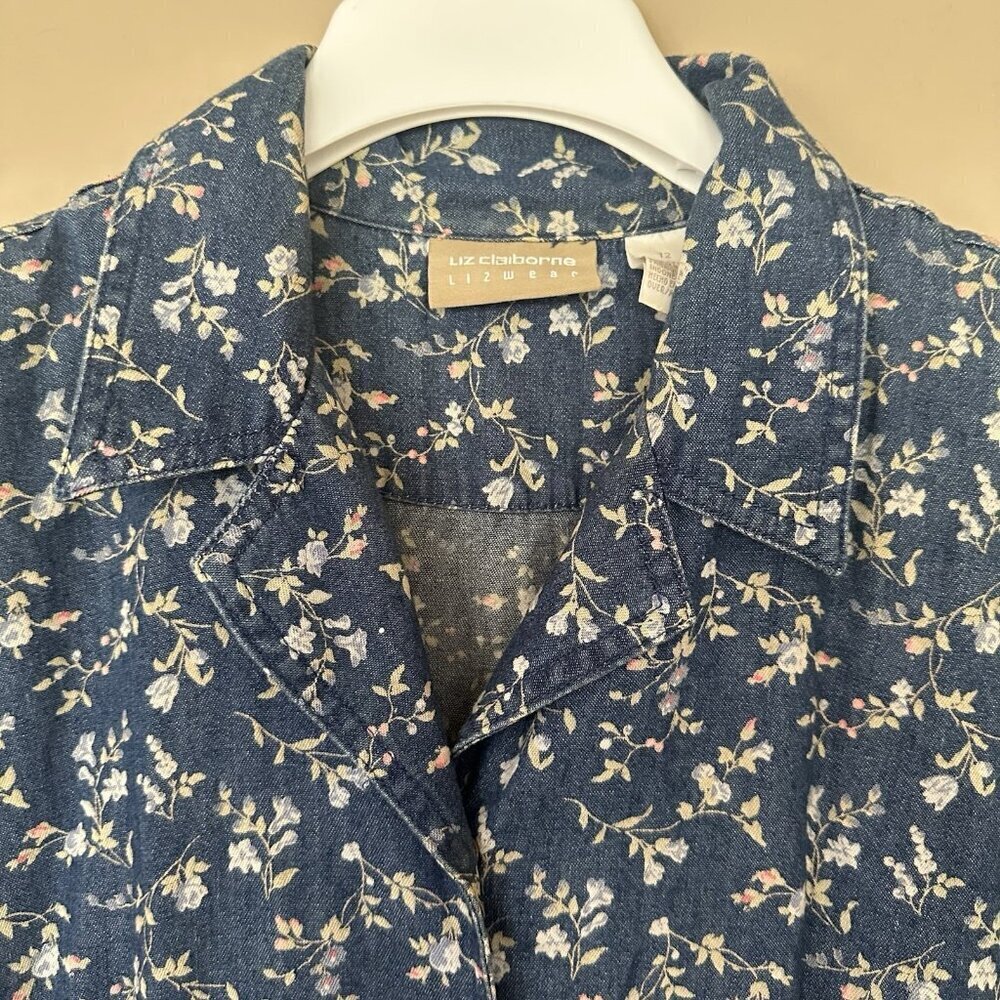 VTG Denim Collared Maxi Shirt Dress Floral Women 12 Cottagecore Farm High Waist - Picture 5 of 9